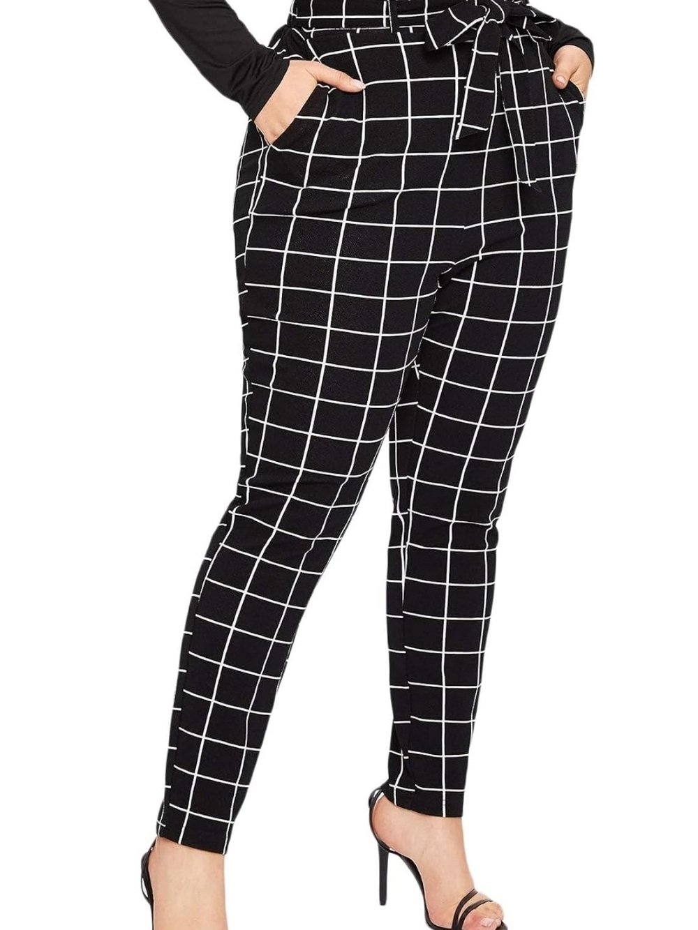 Floerns Women's Plus Size Plaid Black Windowpane Tie-Waist Cropped Pants - Women